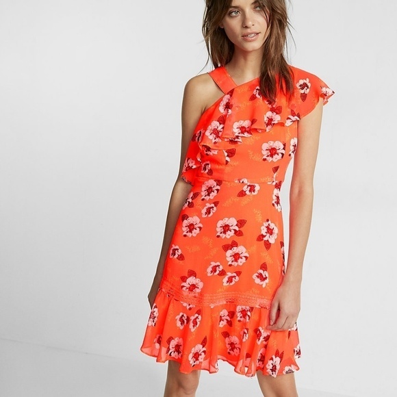Neon Floral Print Asymmetrical Ruffle Dress - Picture 4 of 5